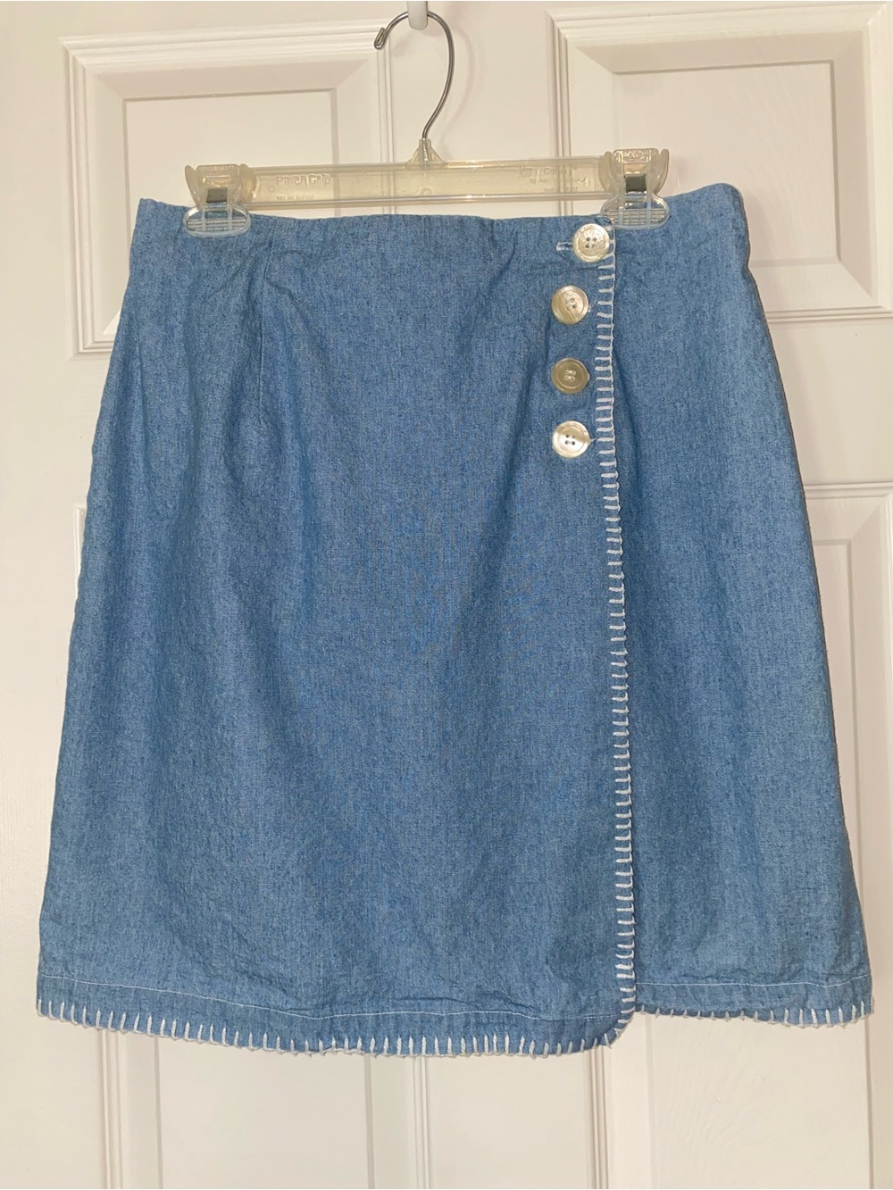 Breeches Vintage Light Blue Denim Button-Front Mini Skirt With Whipstitch Trim